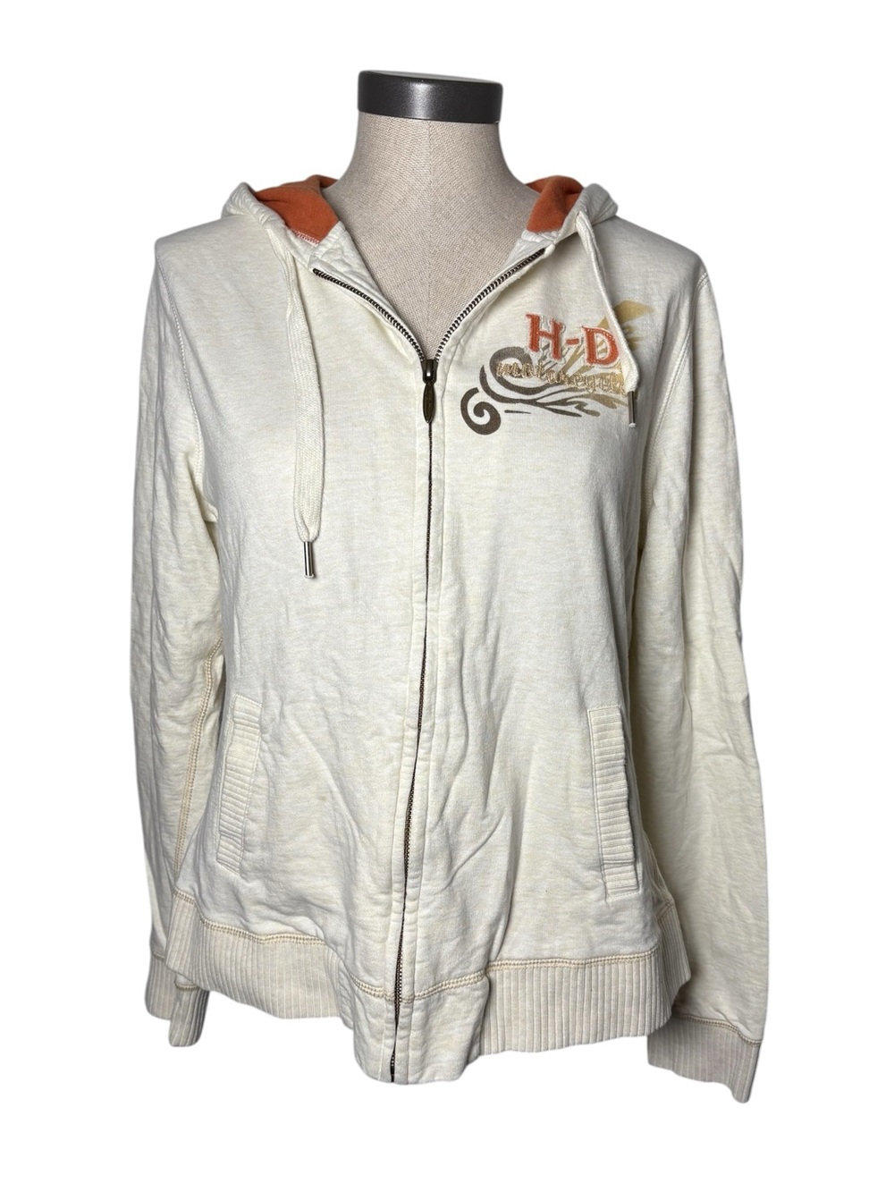 Harley Davidson Women’s XL Full Zip Hoodie Cream Bling Embroidered Y2K Western